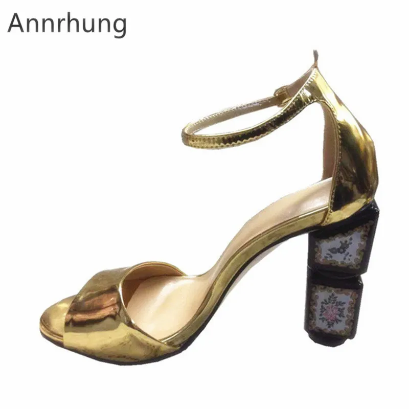 

Gold Patent Leather Gladiator Sandals Women Sexy Peep Toe Ankle Strap Chunky High Heels Printed Heel Stage Sandalias For Women