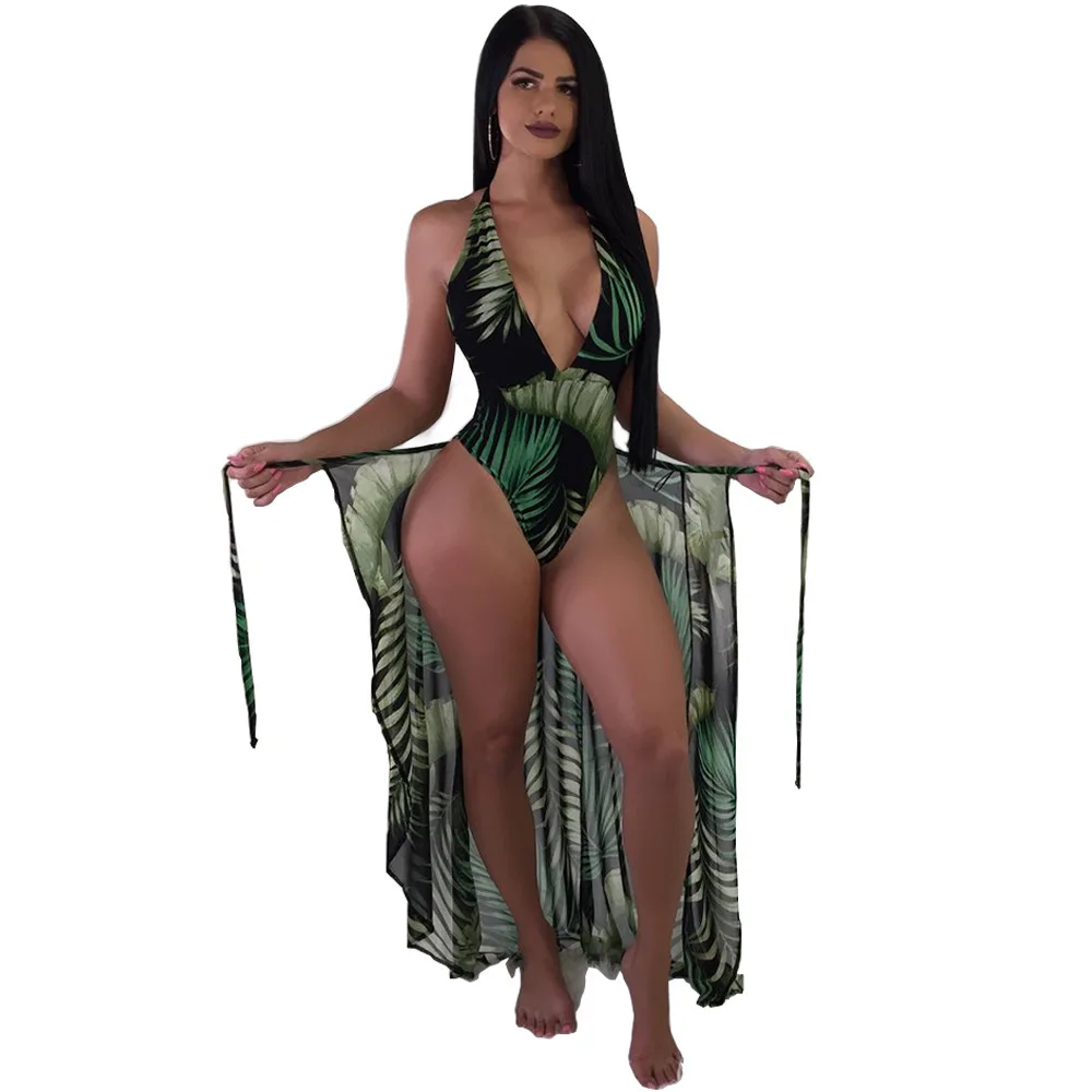 Leaves Print Листья печати сплошной бандажный купальник+ Пляж Cover Ups комплект пикантные Для женщин Глубокий V шеи купальники купальный костюм, монокини 2 шт./компл - Цвет: Leaves Print