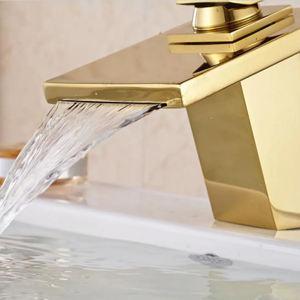 تعزيز الشلال الحمام الذهبي الحنفية واحدة مقبض الغرور بالوعة خلاط صنبور سطح جبل