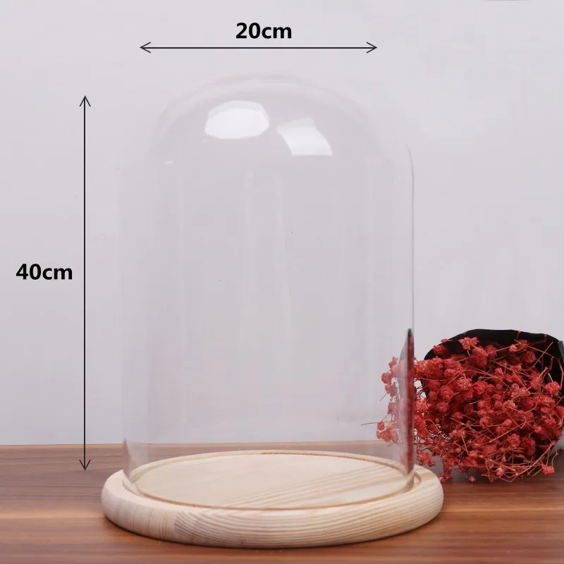 

20*40cm Diameter=20cm Height=40cm Different Wood Base Glass Dome Vase Glass Cover Vase Friend Gift Home Wedding Decoration