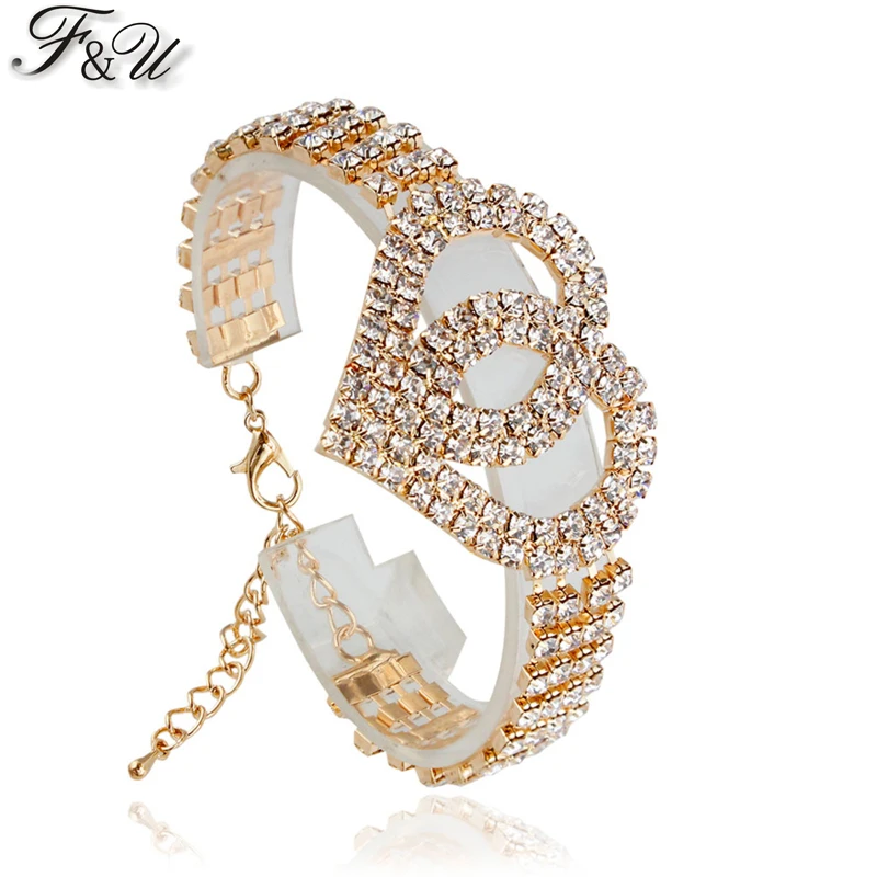 

F&U Adjustable Length Heart Shaped Gold and Silver Color Clear Crystal Lobster Clasp Chain Bracelet