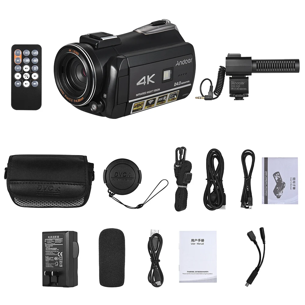 Andoer Профессиональная цифровая видеокамера 4K UHD 24MP Camara Camcorder w/0.39X широкоугольный объектив бленда внешний микрофон