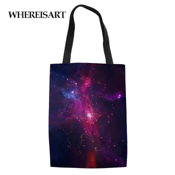 

WHEREISART Galaxy Printing Canvas Shopping Bag Foldable Reusable EcoTote Handbags Travel Casual Large-capacity Storage Bags