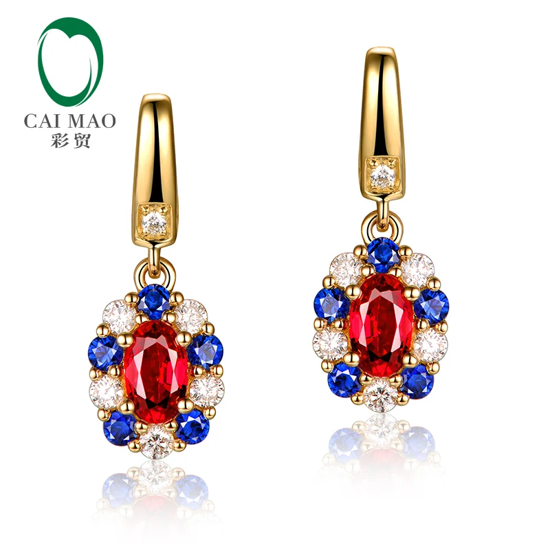 Caimao 0.72ct Red Ruby Earrings with Round Diamond Sapphire 14k Yellow Gold Exquisite Dangle
