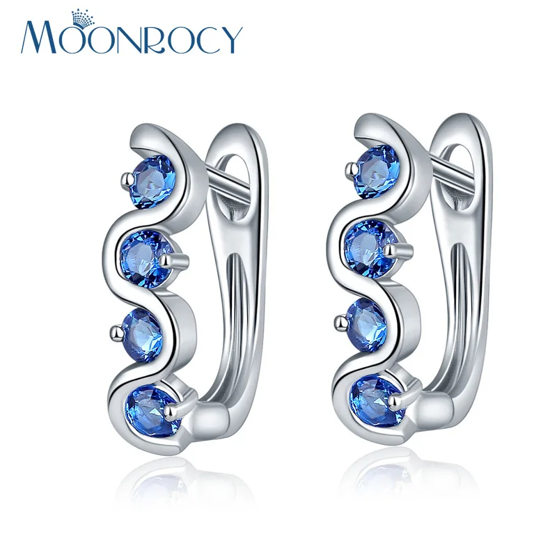 

MOONROCY Free Shipping Fashion Jewelry Wholesale Silver Color Blue Green Pink White CZ Crystal Earrings for Women Drop Shipping