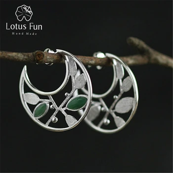 

Lotus Fun Real 925 Sterling Silver Natural Creative Handmade Fine Jewelry Spring in the Air Leaves Hoop Earrings for Women