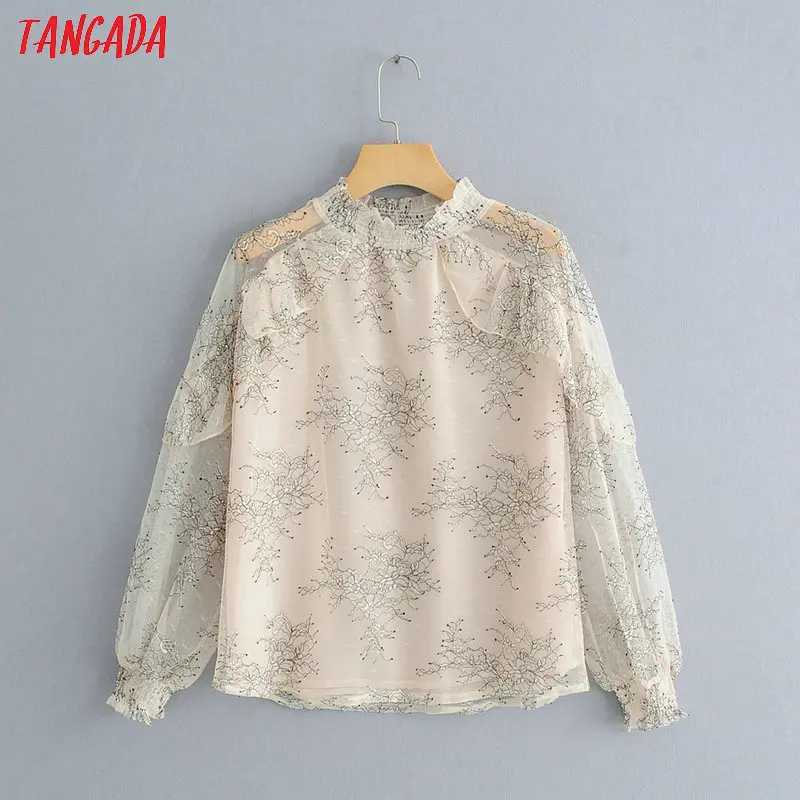 Tangada богемный стиль голубая блузка пудровая блузка бежевая блузка шифоновая блузка с рюшами оборками романтичный стиль прозрачная блузка с длинным рукавом воротник стойка блузка кружево BC02