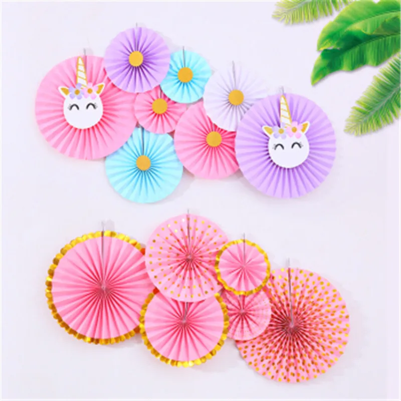 8pcs Unicorn Birthday Party Decor Cartoon Paper Fans Holografic Shine Girl Party Supplies Pink Blue Purple White PAT79 (5)