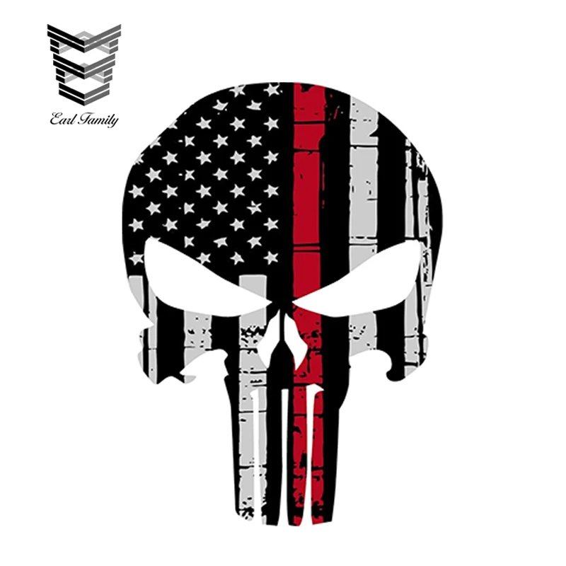

EARLFAMILY 15cm x 10cm Car Styling Punisher Skull American Flag Firefighter Red Line Decal Stickers Graphic Funny Car Sticker