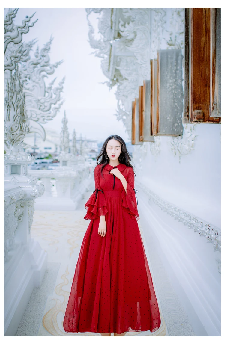 YOSIMI весна лето макси красное шифоновое винтажное длинное женское платье длиной до щиколотки с оборками рукав вечернее женское платье