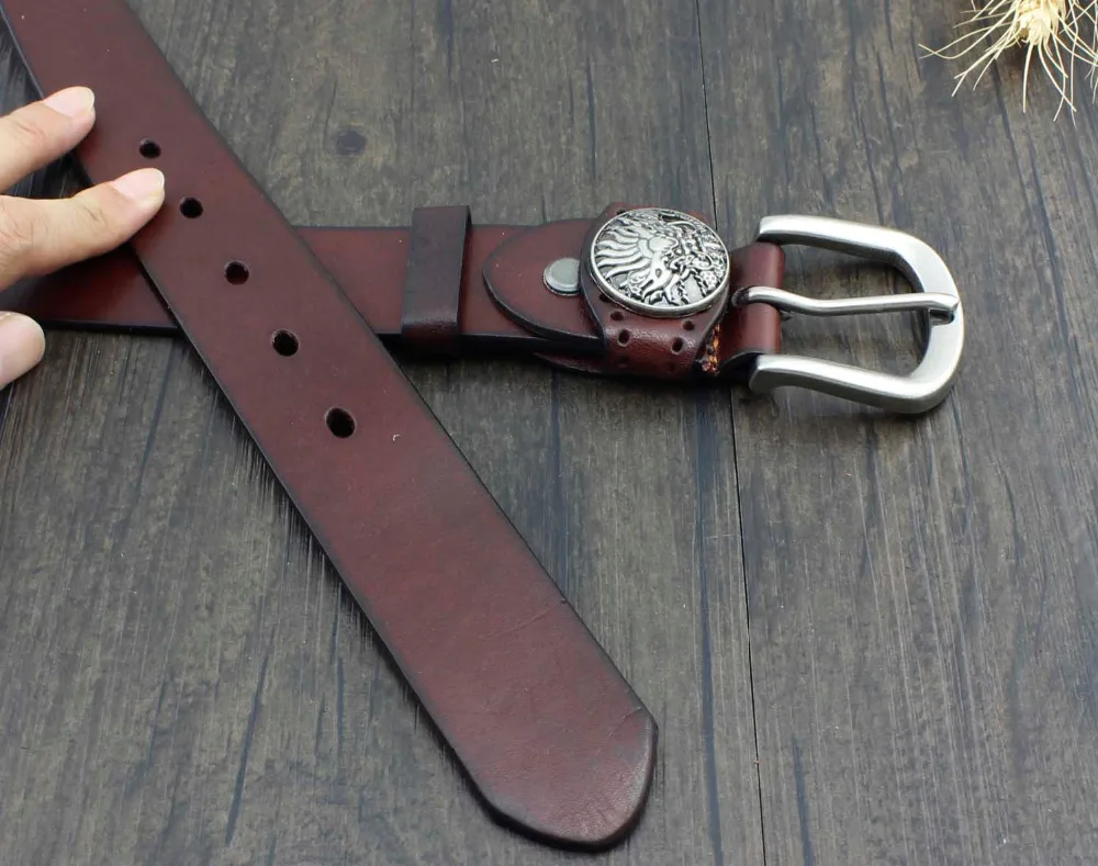 Jeans Vintage Metal Concho Buckle Casual Mens Genuine Leather Belt Brown