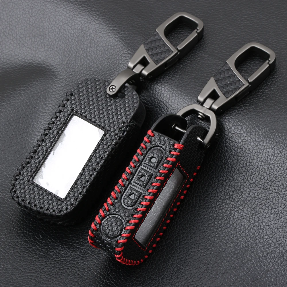

Carbon fiber style Leather Key Case Cover with Keychain Protector For Starline A93 A63 Car LCD Alarm Remote Controller