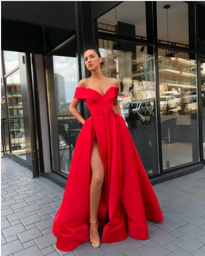 Beauty Emily Long Red Sexy Evening Dresses For Wedding Off The Shoulder Pleated Ball Gowns Party Dress High Split Backless Gowns