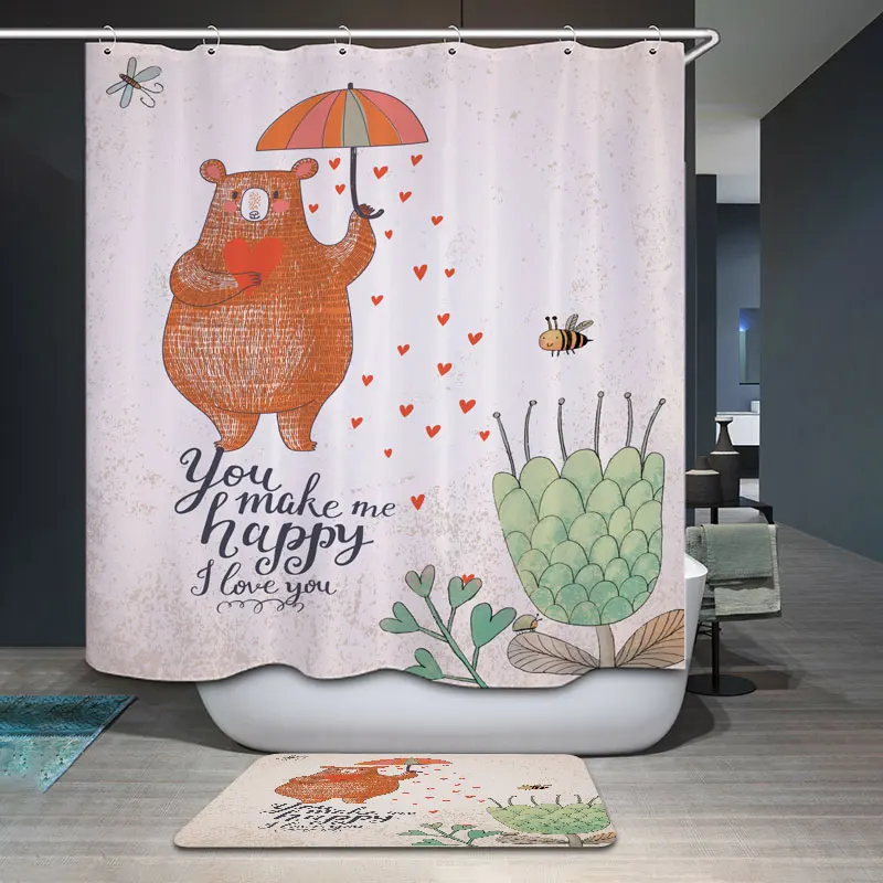 

decorUhome Polyester Waterproof Bear With Heart Plant Letter Shower Curtain Bathroom Curtains 12 Hooks Mildewproof Bath Curtain