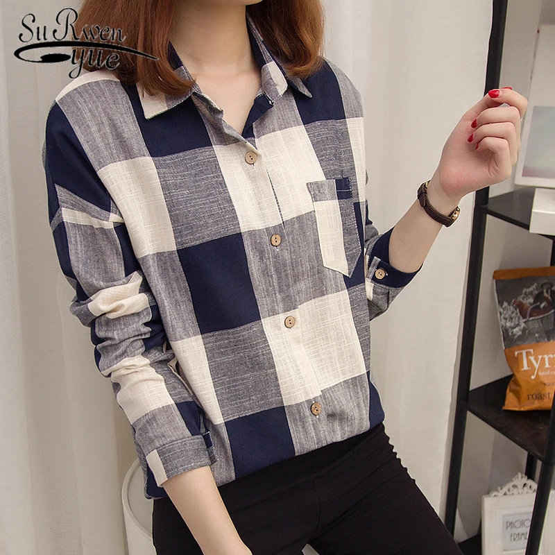 Blusas mujer de moda новинка 2019 черно белая рубашка в клетку Женская хлопковая Свободная