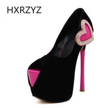 Brand HXRZYZ spring/summer fashion platform 16cm super high heels sexy Peep Toe thin heel pumps heart with crystal shoes women