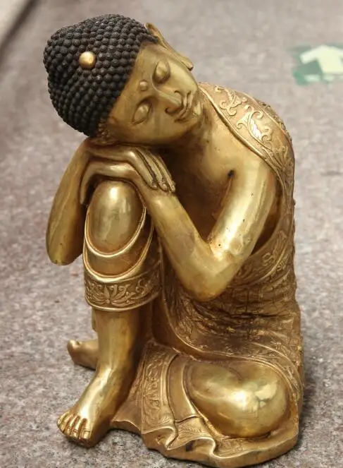 

S6512 14" Chinese Bronze Gilt Sleep Tathagata Shakyamuni Sakyamuni Buddha Statue Set D0318
