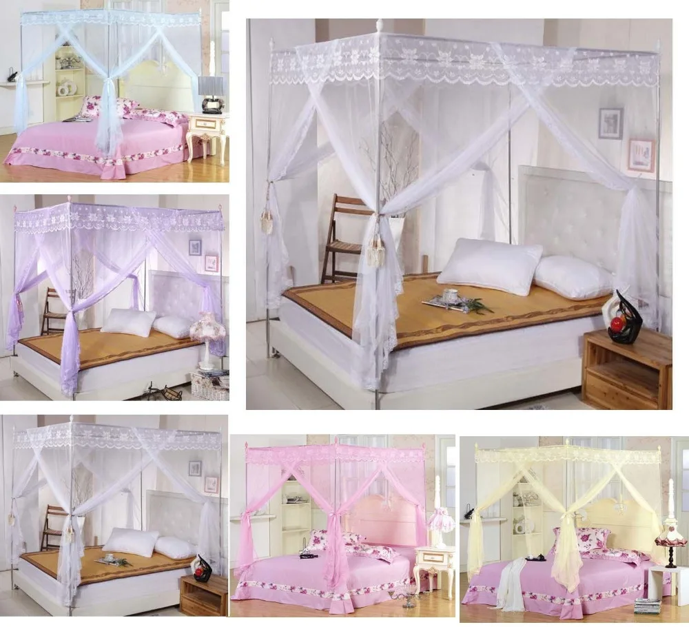 Lace 4 Corners Post Bed Canopy Mosquito Net For Twin Queen Cal King
