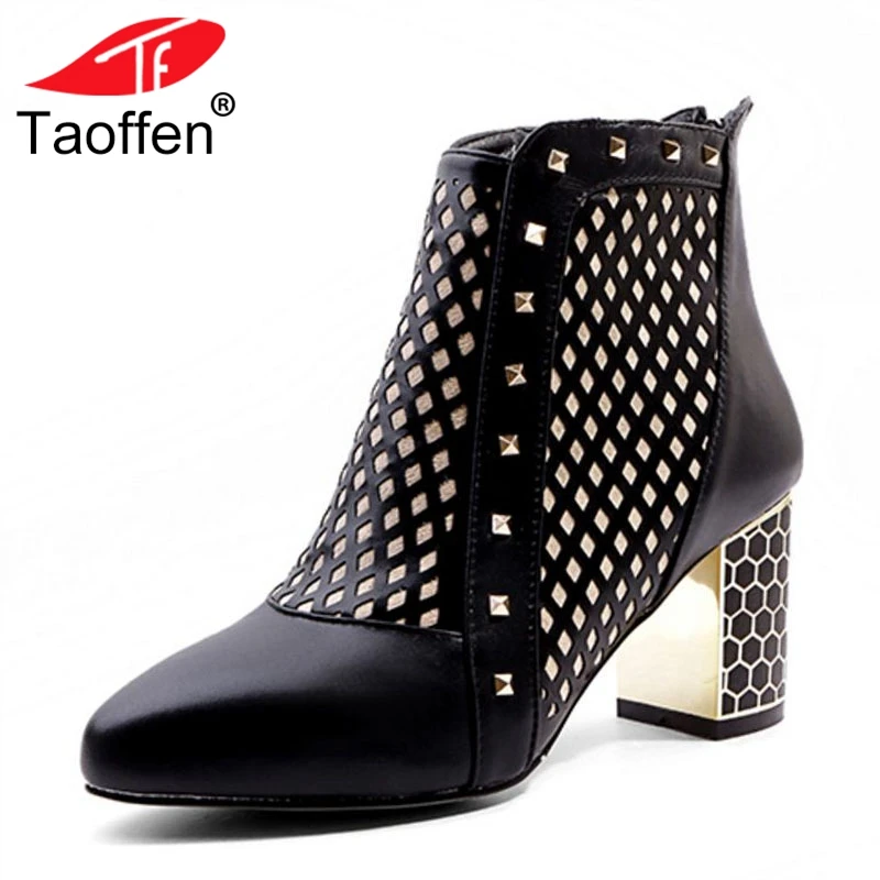 

TAOFFEN Size 34-42 Women High Heel Boots Real Leather Rivets Pointed Toe Women Shoes Women Ankle Boots Fashion Retro Shoes Woman