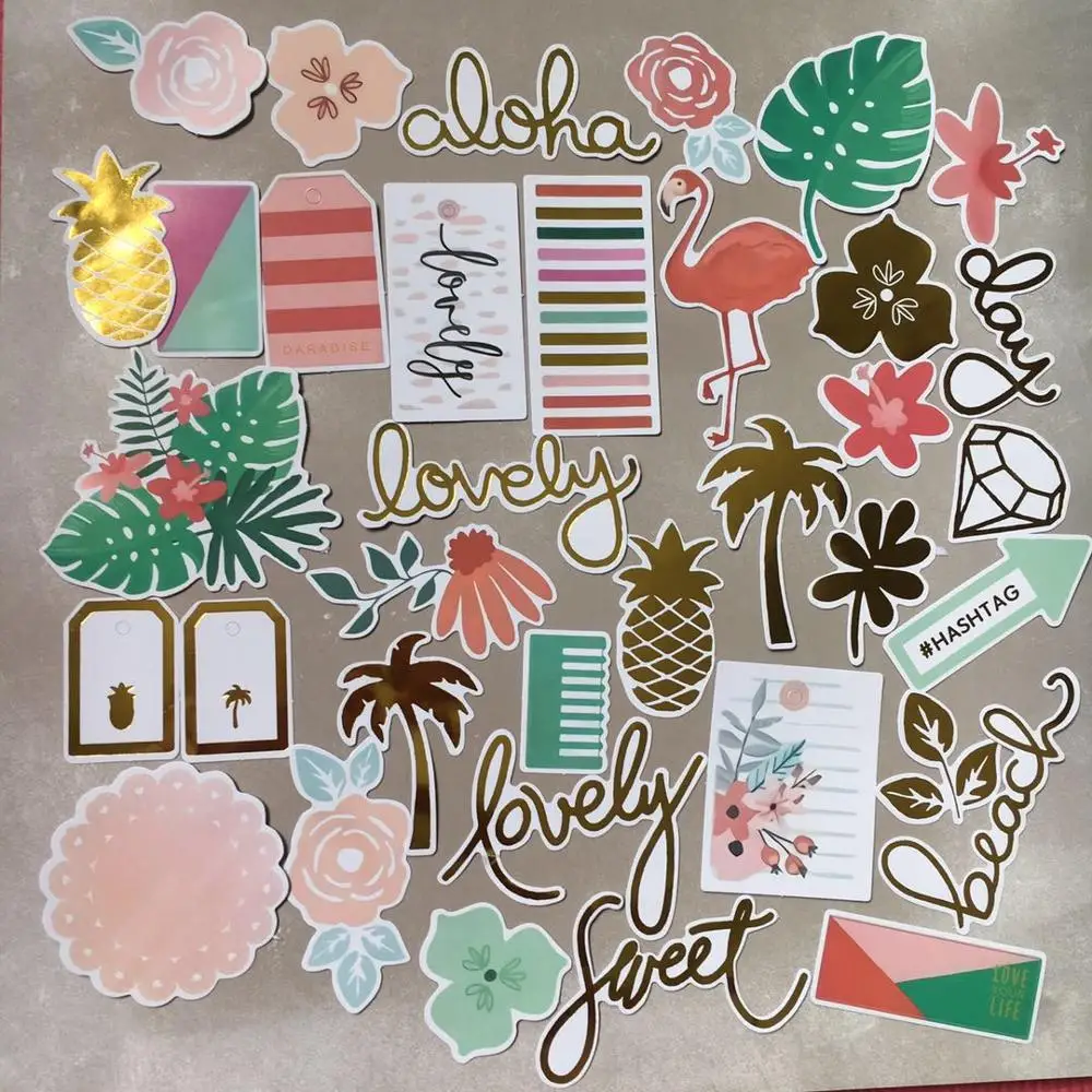 

36pcs tropical setting Foil Gold Paper Die Cut Stickers for DIY Scrapbooking Card Making Crafts /photo album Decoration