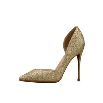 

New Designer Gold Glitter Shallow Pumps For Women Pointed Toe Cut-out Stiletto Heels Shoes Sequin High-heels Lady Party Shoes