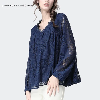 

2019 Spring Hollow Out Lace Blouse Women Long Sleeve V-Neck Shirt And Tops Loose Fitting Plus Size European Style Women's Shirts