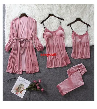 

4 piece Female Pyjamas Sets Velvet Simple Solid Full Winter New Woman Pajamas Suits Spaghetti Strap Pleuche Clothing Home Wear