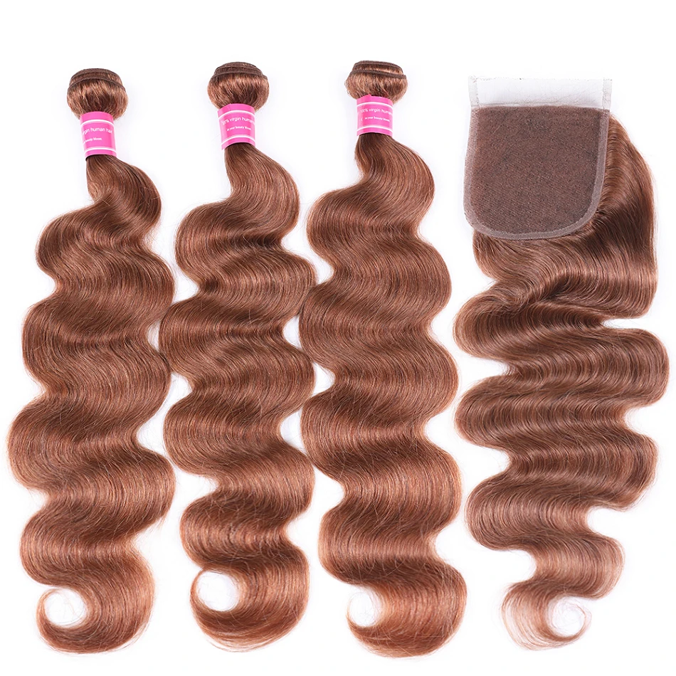 Предварительно цветные индийские волосы remy 2/3 Связки с закрытием тела волна 100% человеческих волос Связки с закрытием цвет Burg #33 #30 # 99J