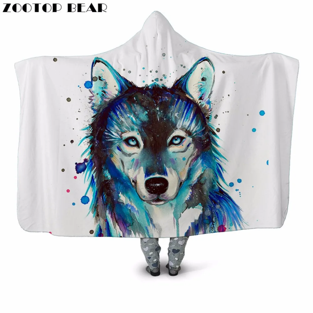 

Black Wolf Paint 3D Printed Plush Hooded Blanket for Adult Youth Child Warm Wearable Fleece Throw Blanket Home Office Washable