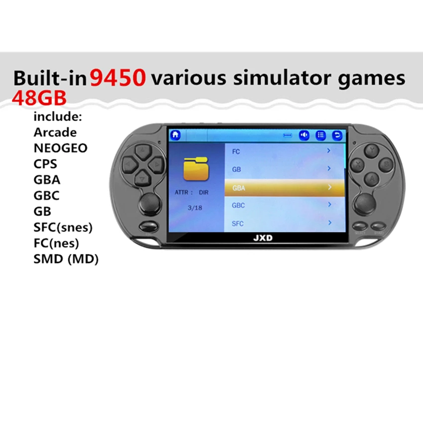 JXD 48 ГБ 128 бит портативная игровая консоль 5,1 дюймов MP4 видео игровая консоль Встроенная 9450 игра для аркадных игр/gba/gbc/snes/fc/smd детский подарок