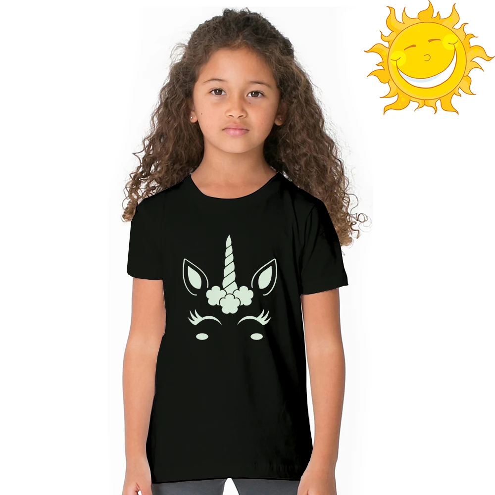 Летняя светящаяся футболка унисекс с единорогом; Детские футболки для мальчиков и девочек; светящаяся в темноте одежда; светящаяся в темноте детская забавная футболка