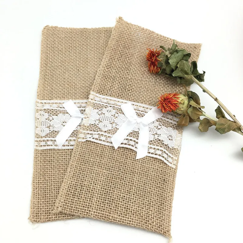10pcs Natural Jute Burlap Cutlery Holders Packaging Fork and Knife for Wedding , Party Decoration 11*21cm   AA8016
