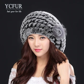 

Ycfur Winter Fur Berets Hats For Women Knitted Natural Rex Rabbit Fur Caps With Silver Fox Fur Flower Real Fur Beanies