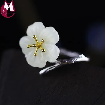 

Genuine 925 Sterling Thai Silver Jewelry Carving Natural Jade Flower Boho Plum Blossom Open Wedding Rings For Women RR195