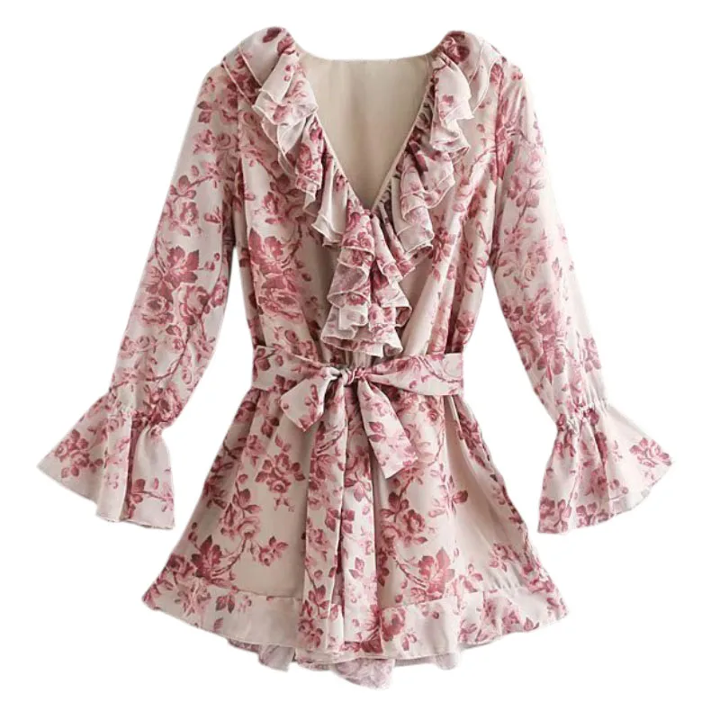 

Women Red Floral Pattern Chiffon Playsuits Pleated Design Long Sleeve Rompers FFZLT14