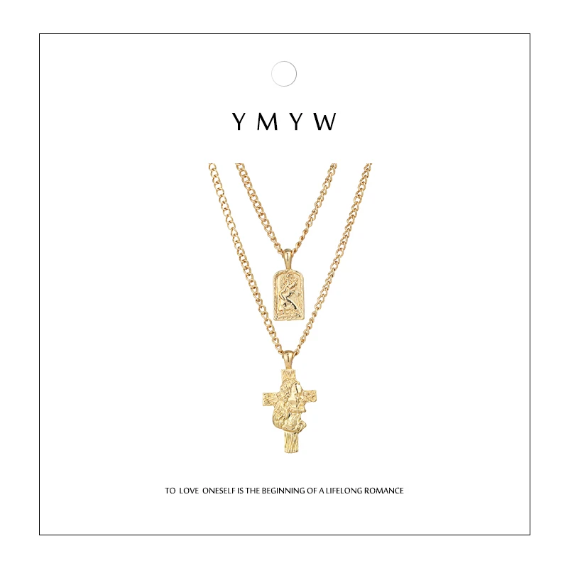 

YMYW Vintage Stylish Religious Jesus Cross Gold Multilayer Pendant Necklace Charm Hip Hop Necklace for Women Men Party Jewelry