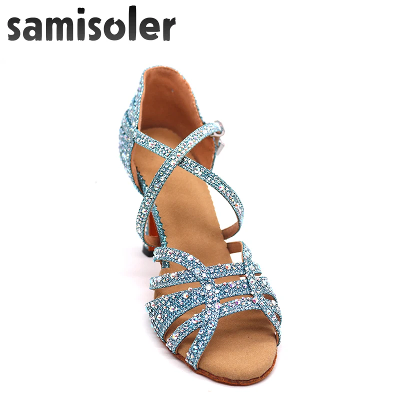 Женские туфли для бальных танцев Samisoler Синие стразы профессиональные танго и