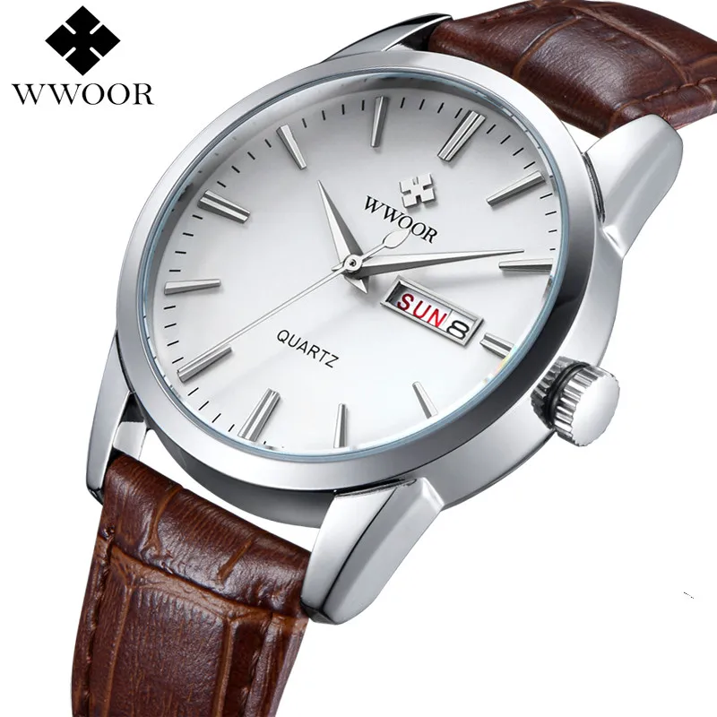 Koop WWOOR Mannen Kijken Topmerk Luxe Lederen Band Datum Klok Casual Sport Quartz Horloge Mannen Waterdicht Relogio Masculino