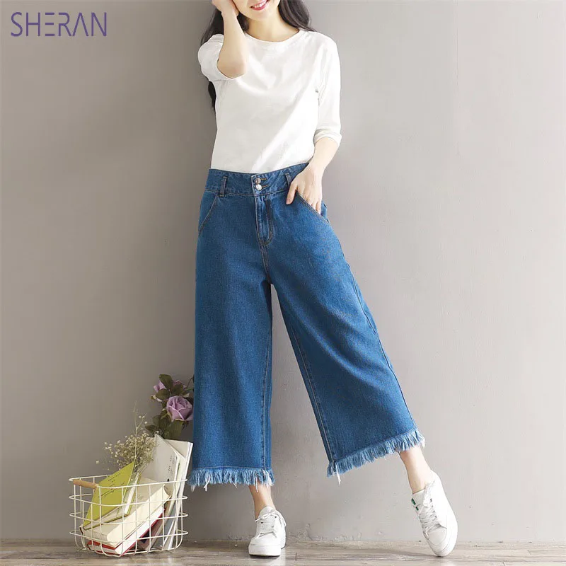 

SHERAN Wide Leg High Waist Jeans Vintage Straight Denim Calf-Length Pants Women Tassel Jeans Woman Casual Loose Washed Plus Size