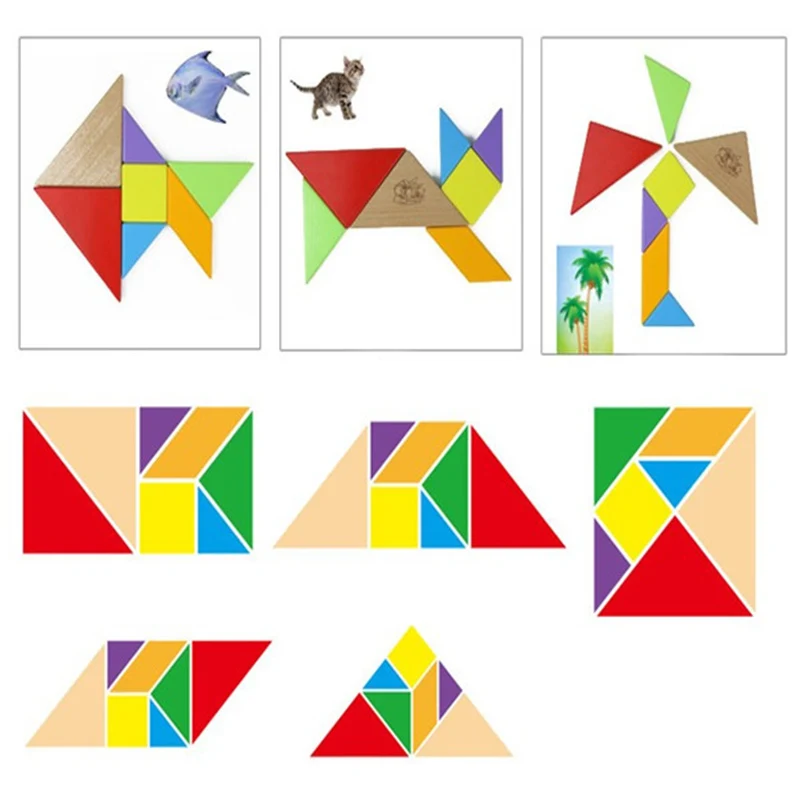 Деревянная головоломка Tangram из 7 частей красочная квадратная игра IQ