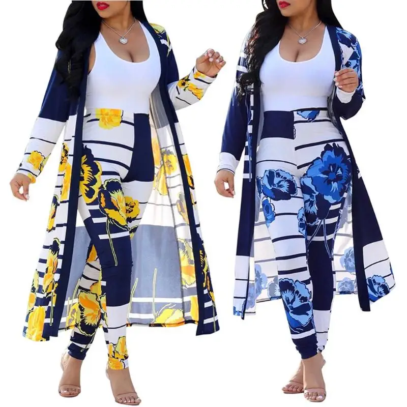 

2 Pieces Set Sexy Autumn Fashion Women Set Female Tops Floral Print Long Sleeve Cardigan Bodycon Stripe Elastic Waist Pants