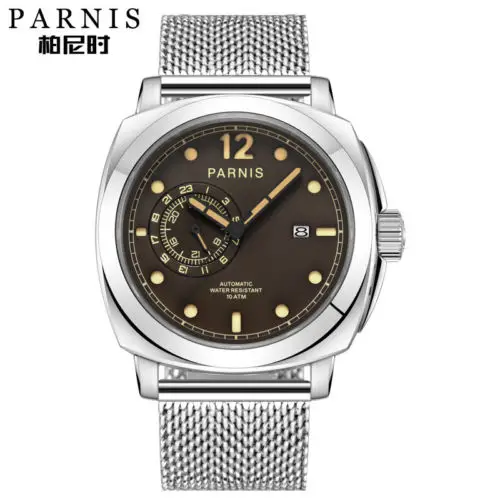 

44mm Parnis Brown Dial Complete Calendar Sapphire Glass Luminous Hands Stainless steel case Automatic Movement men's Watch