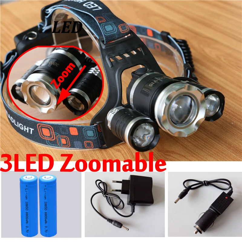 

LED Headlight T6+2R 6000LM Zoomable LED Headlamp Headlight Camping Lamp Head Light+Ac/CAR Charger+18650 Battery