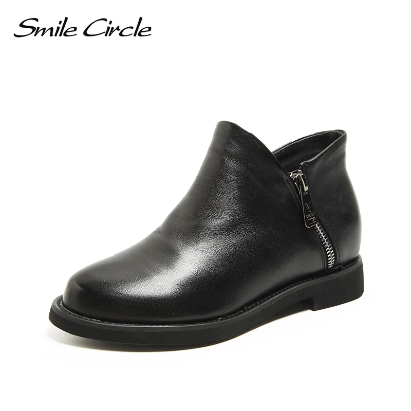 

Smile Circle Ankle Boots Women Genuine Leather Zipper black Short Boots Autumn Winter warm Shoes for women 2018