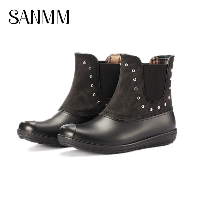 

SANMM Women Warm Lining Rivet/Buckle Rainboots Non-Slip Waterproof Elastic band/Side Zipper Winter Ankle Boots Woman