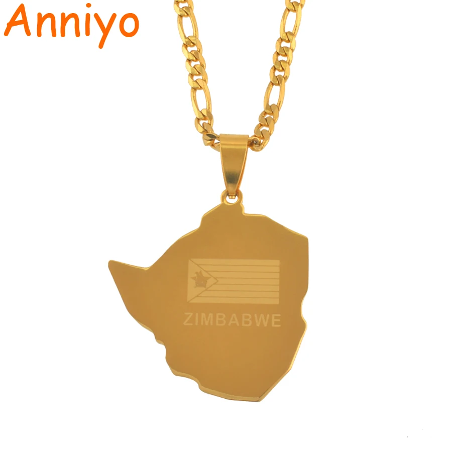 Anniyo Map of Zimbabwe Pendant Necklaces Jewellery for Women Men Gold