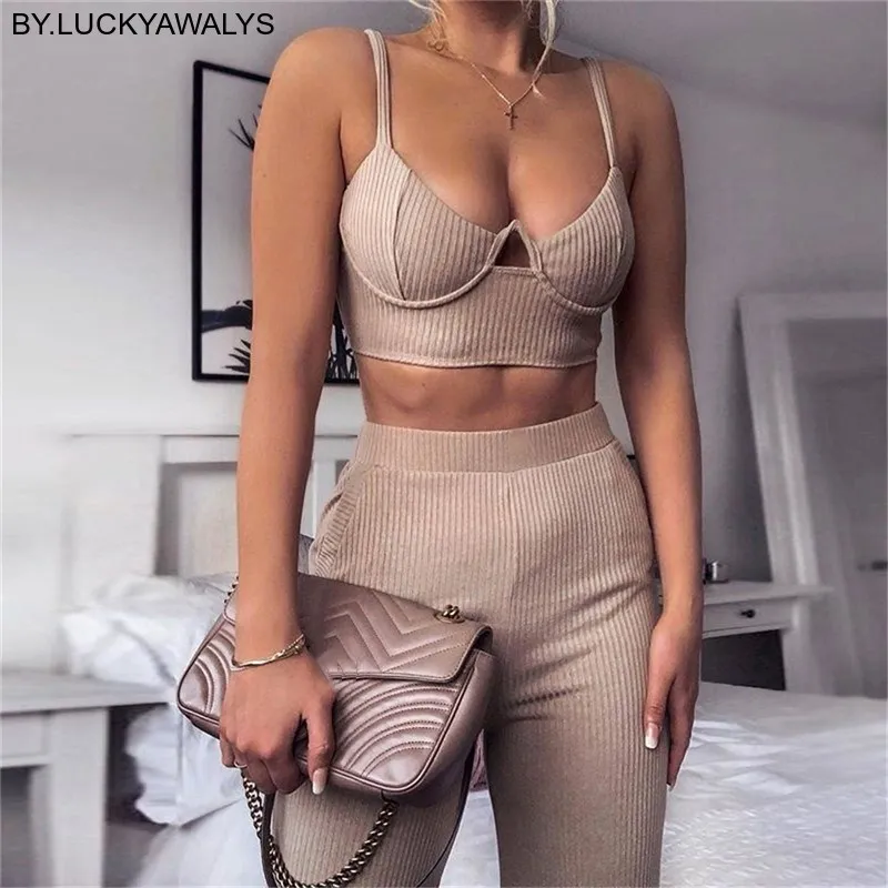 

2019 Summer Casual Ribbed Pockets Summer Crop Top Pants Set Sexy Sleeveless Casual Solid Color Tracksuits Women Two Piece Set