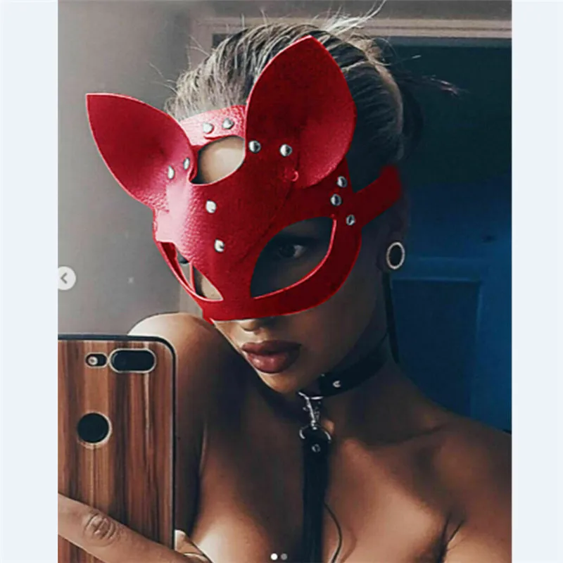 Полумаска женщины-кошки для косплея, сексуальный костюм, реквизит, латексная маска для взрослых, ПВХ, SM, маска для взрослых - Цвет: Красный