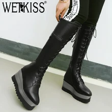 WETKISS/зимние женские ботинки на высоком каблуке; женские ботинки на платформе с квадратным носком и перекрестной шнуровкой; Повседневная обувь до колена; Новинка года