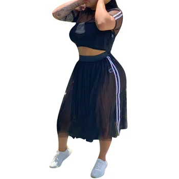 

Slim Two-Piece Dress Set 2019 Summer Womens See Through Look Casual Dress Sets Female Short Tops And Maxi Skirts Two Piece Dress